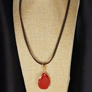 Brecciated / Poppy Jasper Tear Drop Crystal Cord Medallion Necklace Boho Bold